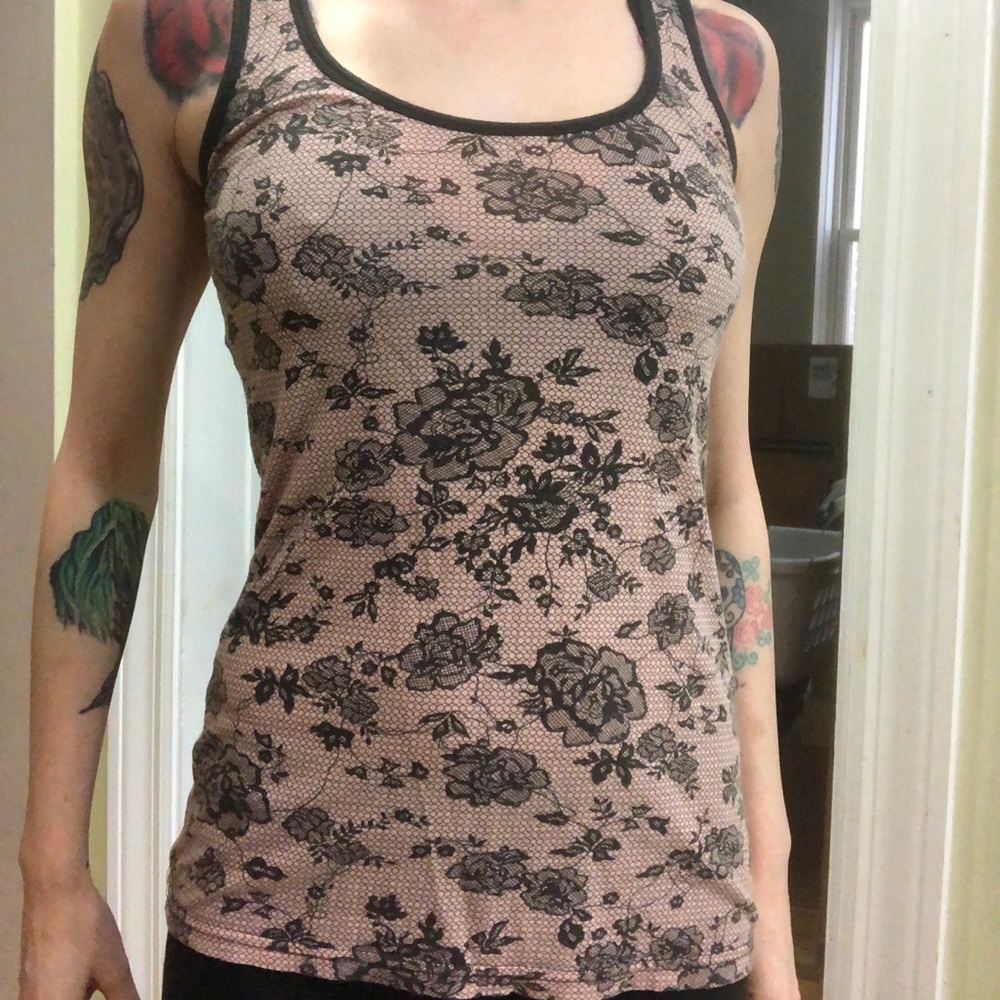 3 for $10 - Pink with Black Flower Lace print tank top - Small